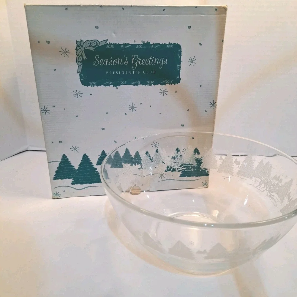 Vintage AVON Presidents Club Glass Holiday Bowl With Box- Sleigh and Tree Design